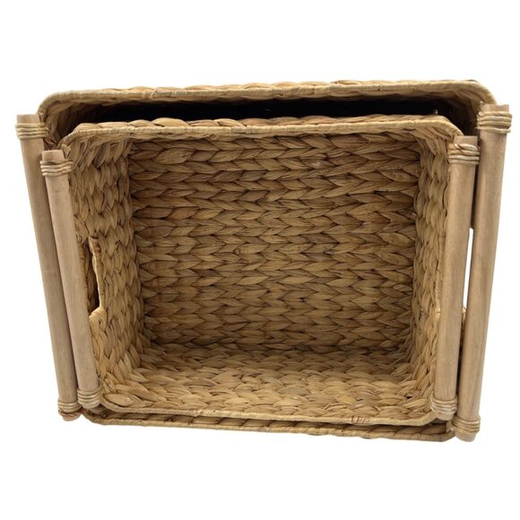 Handwoven Wicker Storage Baskets Set Of 2 With Wooden Handles - Rustic & Durable - Picture 1 of 12